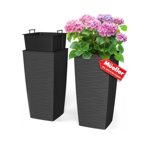 Mueller M-Resin Heavy Duty Tall Planters for Outdoor Plants, Indoor Grande Plant Pots, Boxes, Trees, Flower Pots, 2-Piece Set, 24”, Modern Design, Built-in Drainage, Front Porch Decor, Dark Gray 3,4 Gallon