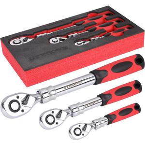 3-Piece Extendable Ratchet Set, 1/4 3/8 1/2 Inch Extendable Socket Wrench, Ratchet Wrenches Set 72-Tooth Quick-Release, Soft Grip Handle with Storage Tray