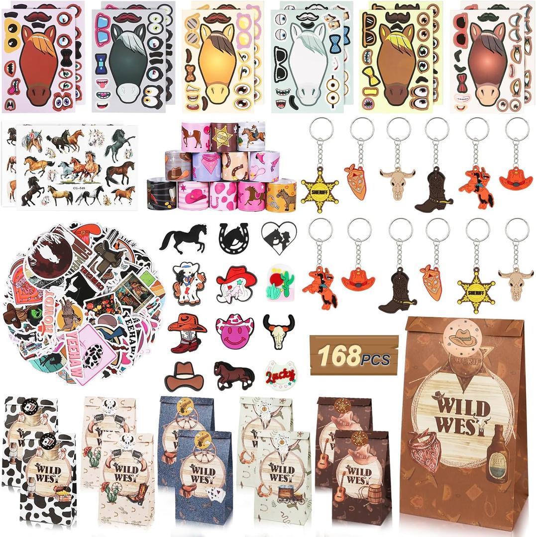 AerWo 168 PCS Horse Party Favors - Cowboy Party Supplies with Stickers, Temporary Tattoos, Clap Bracelets, DIY Horse Stickers, Stuffers-Gift Bags, Key Chains - Cowboy Birthday Party Decorations
