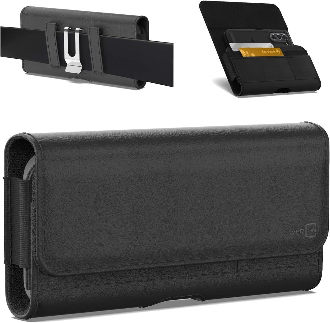 CoverON Holster for Samsung Galaxy Z Fold7 Fold6 Fold5 Fold4 Fold 7 6 5 4 3/ Google Pixel 10 9 Pro Fold Phone Case Belt Clip ID Card Holder Carrying Black Leather Pouch (Fits Otterbox or Any Case on)