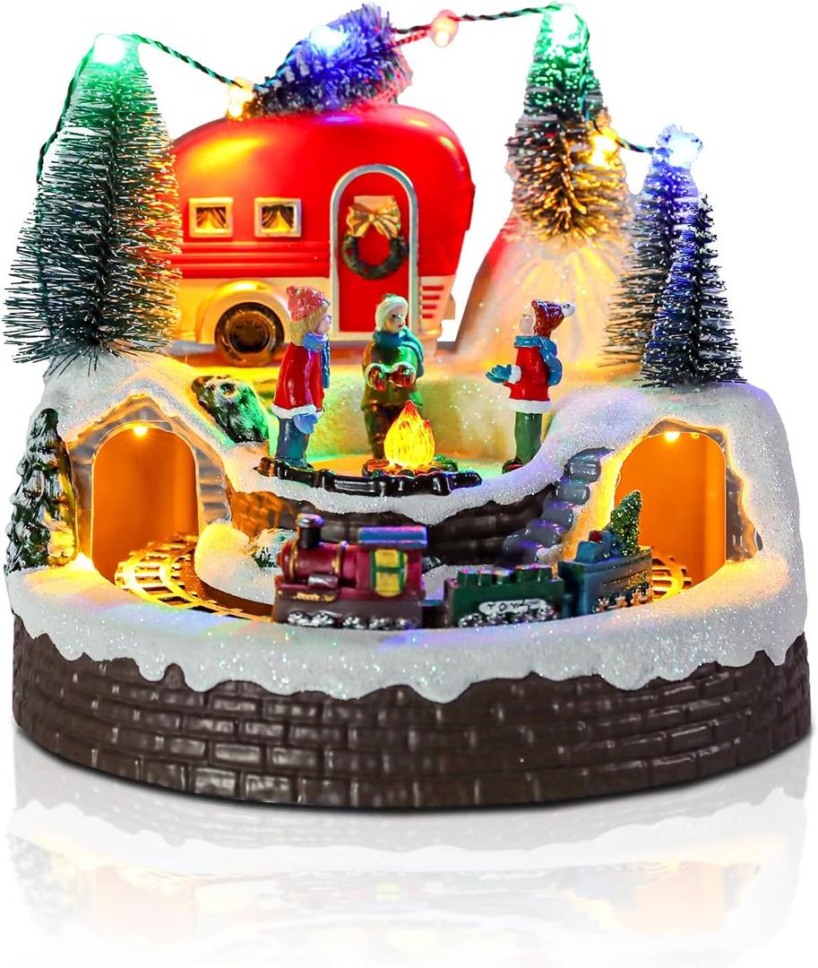 Christmas Village House Musical Christmas Collectible Buildings Camper Bonfire Train Rotation with LED Lights Vacation Village with USB Indoor Figurines Indoor Tabletop Decoration Xmas Decor (Camping)
