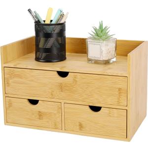Charmewooden Bamboo Desk Organizer With Drawers Countertop Drawers Counter Storage Box Corner Desk Organizer for Home Office No Assembly Required (3 Drawers with shelf)