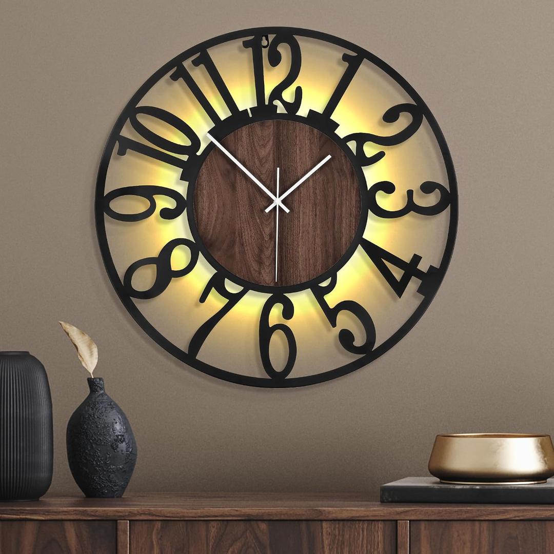 24 Inch Large Metal Wall Clock with Voice and Light Sensor Night Light, Glow in The Dark Non-Ticking Silent Battery Operated Decorative Oversized Wall Clock for Bedroom Living Room Decor