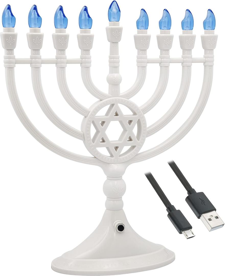 The Dreidel Company Traditional LED Electric White Hanukkah Menorah - Large Size 13-Inches Tall Battery or USB Powered - Includes a Micro USB Charging Cable