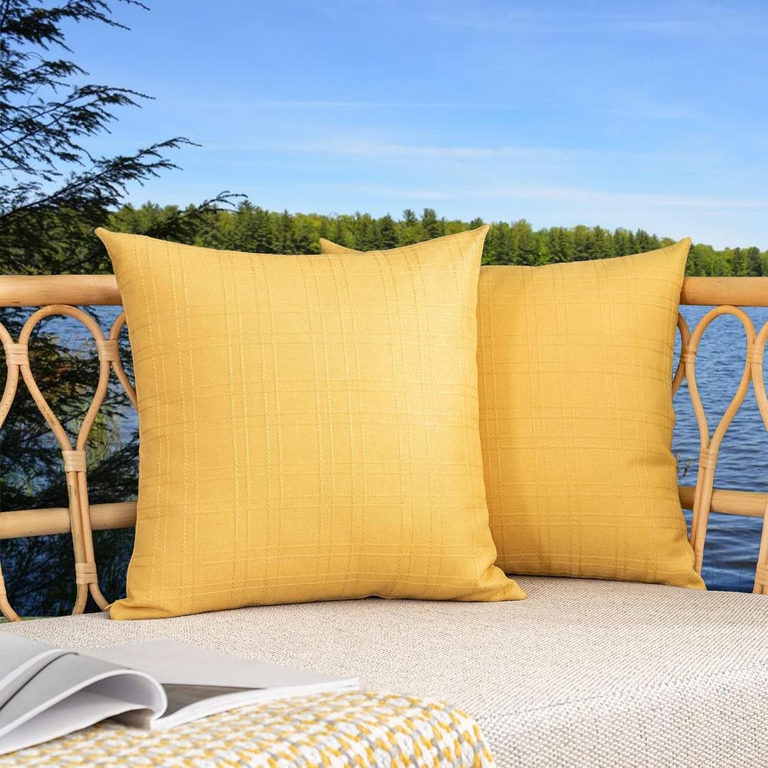 Kevin Textile Pack of 2 Decorative Outdoor Waterproof Pillow Covers Square Garden Checkered Cushion Sham Throw Pillowcase Shell for Patio Tent Couch 24x24 Inch Yellow