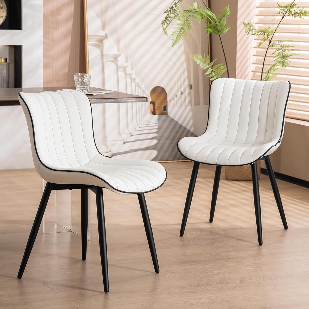 YOUNUOKE Mid-Century Modern Dining Chairs Set of 2, White PU Leather Upholstered Kitchen Chairs with Black Metal Legs, Armless Accent Chair for Dining Room, Guest Reception Room, 17.7In X 19.3In X 31.1In