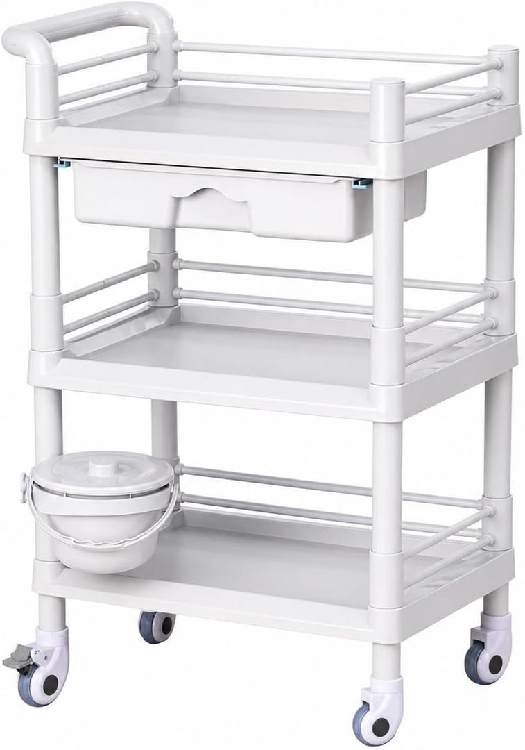 Rolling Utility Cart,Qiwey Utility Cart with Big Drawer,3-Tier Esthetician Cart with Wheels for Beauty Salon SPA Commercial Hospital Office Lab Cart White