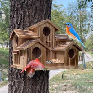Bird House for Outside 5 Hole Bird Houses Room for 5 Bird Families Large Bird House for Garden/Courtyard/Backyard for Garden Decor-Finch Bluebird Cardinals Handmade Wooden Hummingbird House