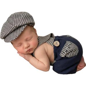 Newborn Baby Photoshoot Outfits Photography Props Baby Gentleman Outfits Boy Suspender Pants and Bow Tie with Beret Hat 0-1 Months