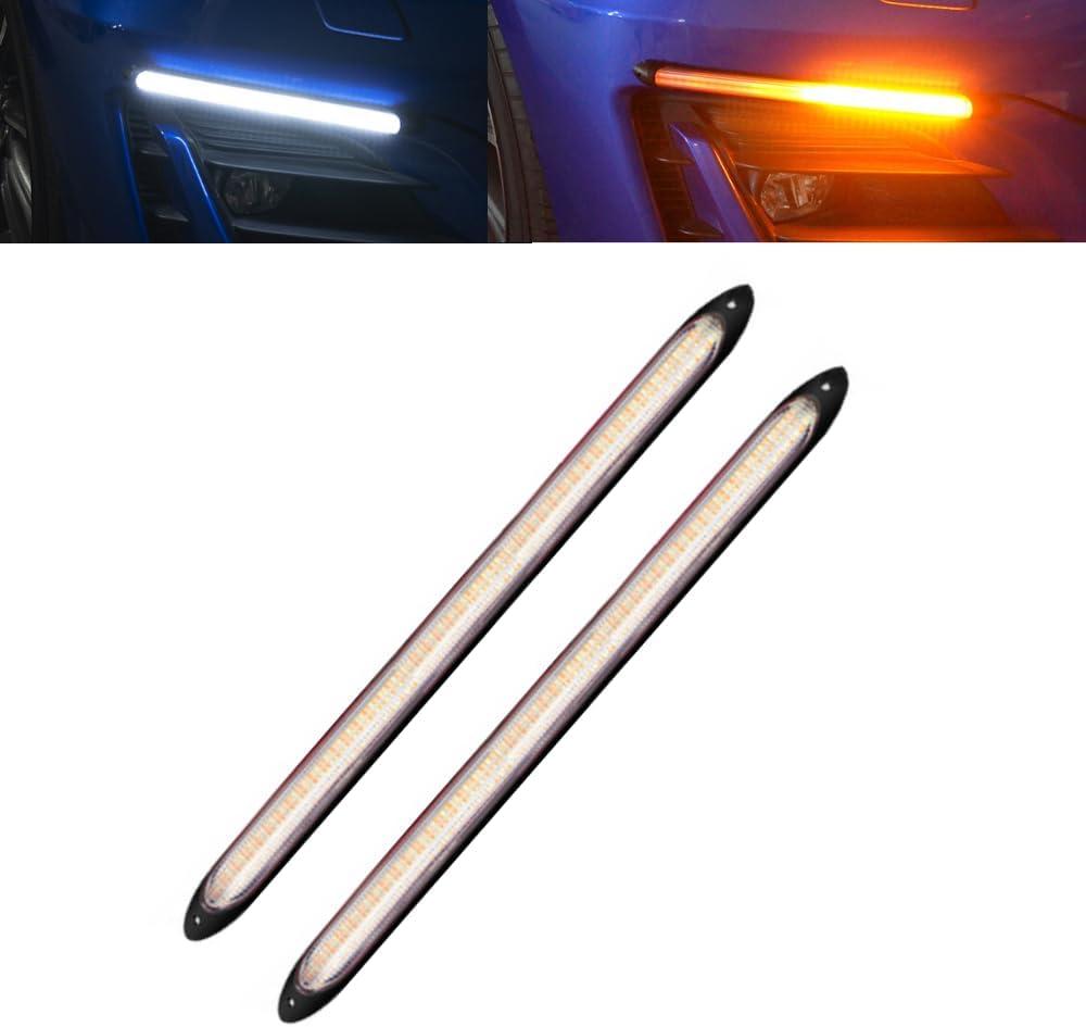 Yolu 2Pcs Flexible LED Daytime Running Light with Starter Scanning Dual-Color Streaming Turn Signal Indicator Light Universal fit 12V vehicles (13.7")