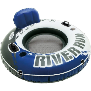 INTEX 58825EP River Run 1 Inflatable Floating Lounge: Comfortable Backrest – Built-in Cup Holders – Durable Grab Handles – All Around Grab Rope – 220lb Weight Capacity– Blue