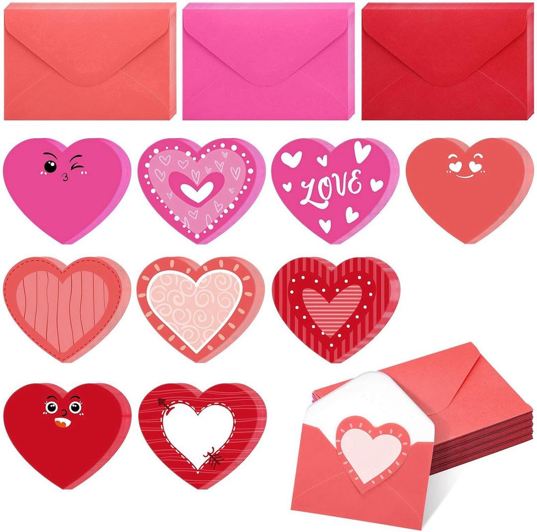 Cholemy 180 Pcs Valentine's Day Cards with Envelopes Blank Heart Shaped Greeting Cards Funny Paper Cutouts Gummed Envelopes for Valentine's Day Anniversary Weddings Invitations, 4 x 6 Inch(Cute Eyes)