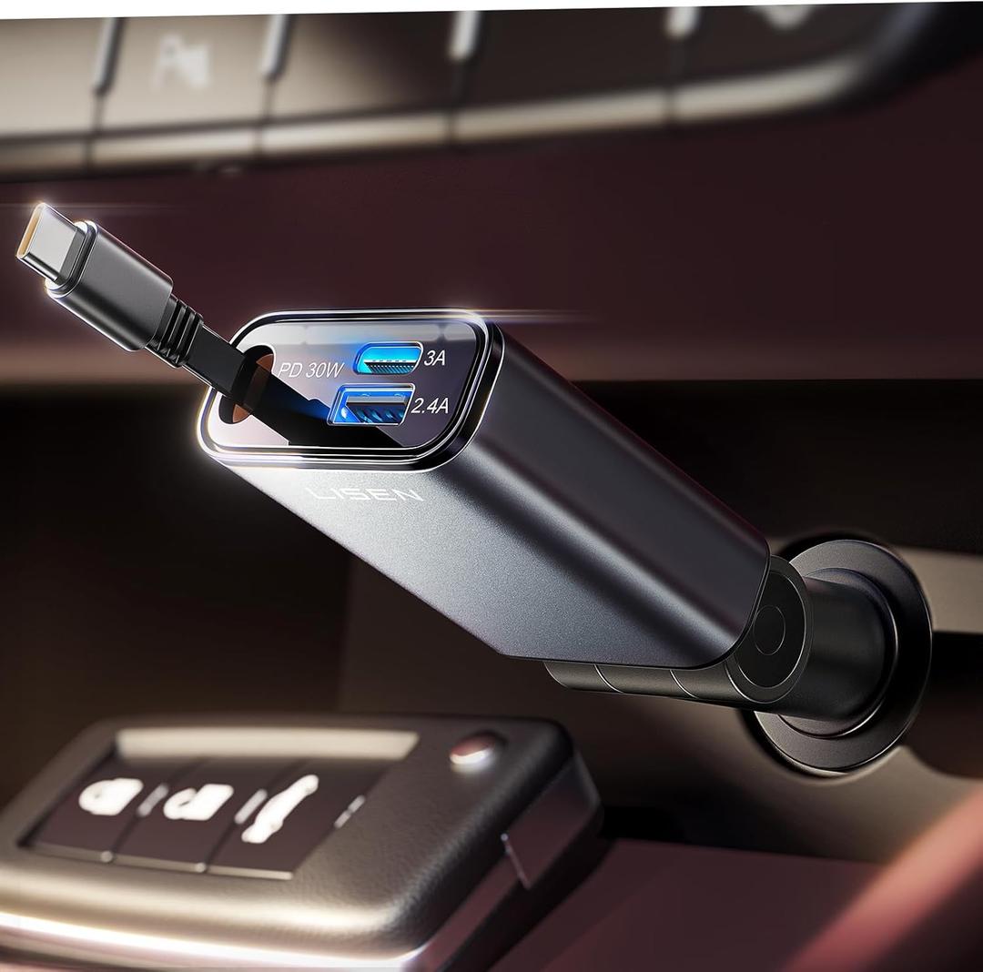 LISEN Car Charger USB C Fast Charge, [Single-Port] Retractable Car Charger USB C for Car Accessories for Women Men Phone Type C Charging for iPhone 17 Pro Max 16 15 Samsung S26 S25, MacBook Neo (Grey)