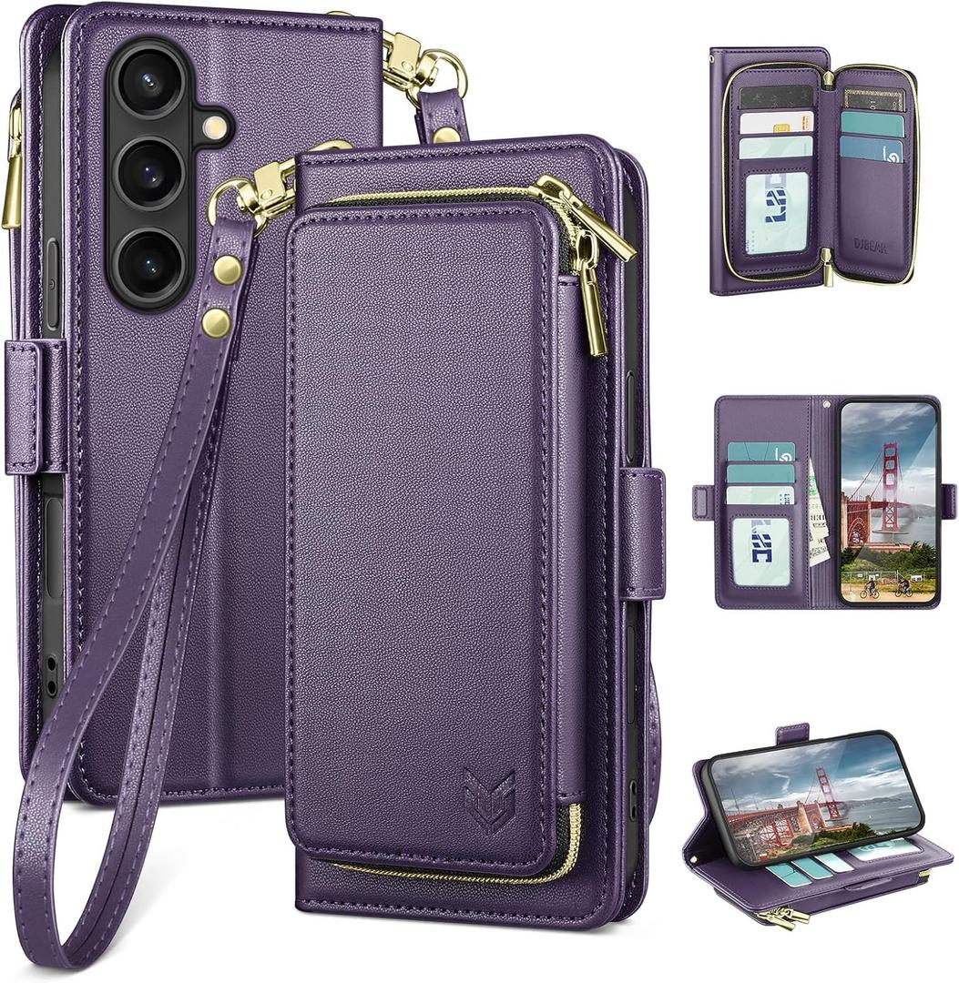 DJBEAR for Samsung Galaxy S26 Plus Wallet Case for Men & Women, All-in-One Flip Folio Cover with 9 Card Slots, Zipper Pocket, Detachable Wrist Strap,Full Body Protection for SamsungS26Plus Dark Purple