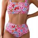 Fanuerg Women's High Waisted Bikini Sets Wide Straps Two Piece Swimsuit Floral Print Bathing Suits (Medium)