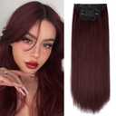 WECAN Straight Clip in Hair Extension Wine Red 22 Inch 6PCS Long Straight Hairpieces for Women Thick Synthetic Fiber Double Weft Hair Full Head