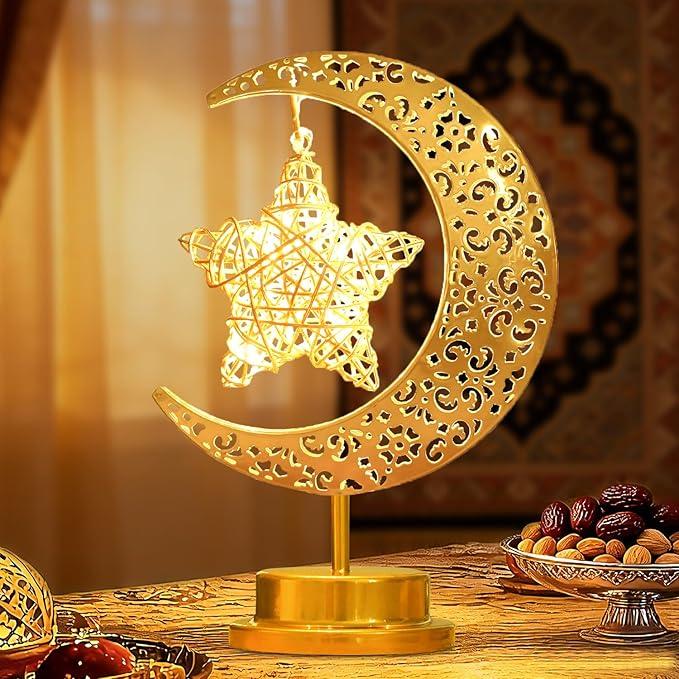 Ramadan Decorations for Home, Crescent Moon Lamp with Star Light, Islamic Table Decor Night Lamp, Battery Operated Eid Mubarak Ramadan Lights for Home Decorations & Gifts