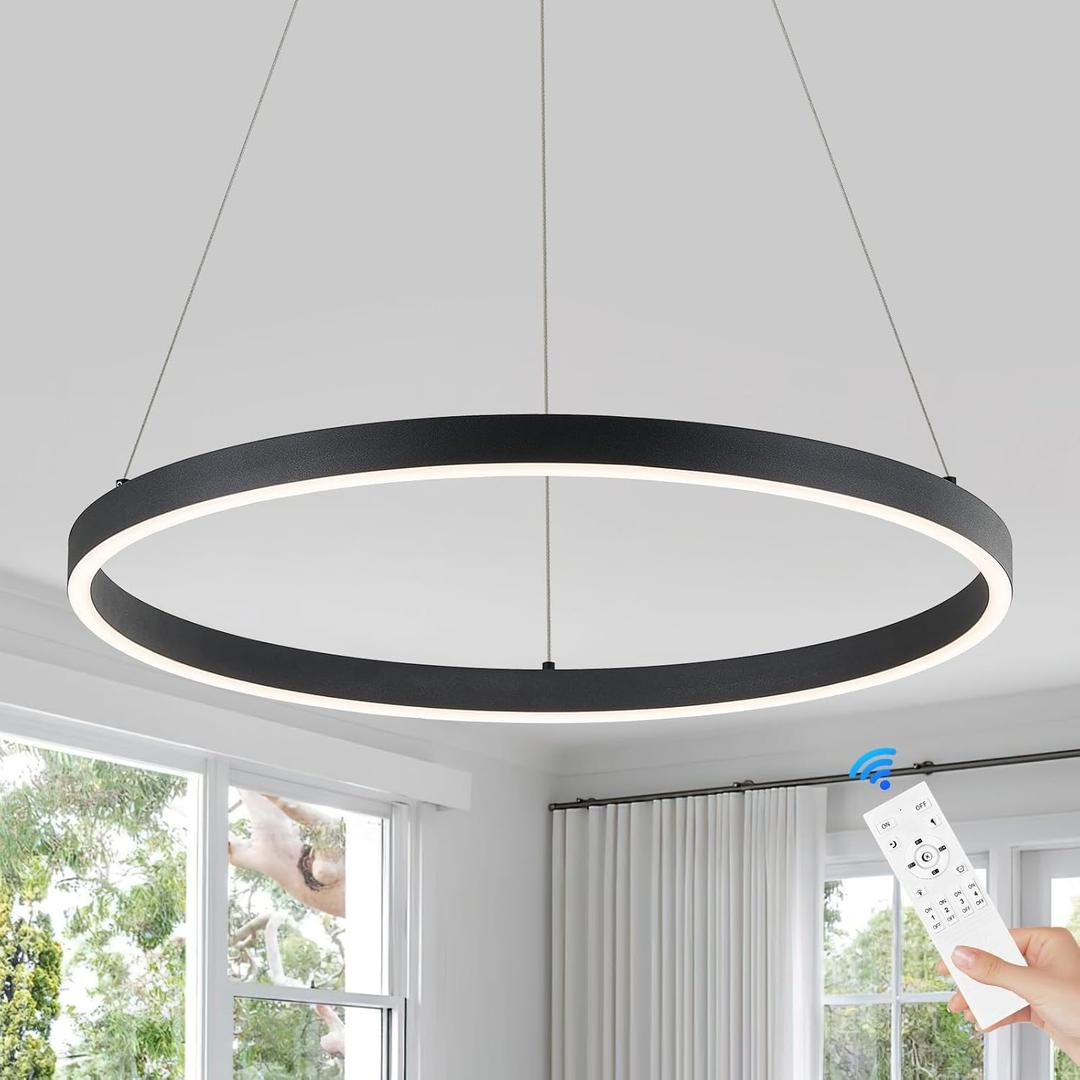 Benkut Modern LED Ring Chandelier Black Circular Pendant Light Fixture Dimmable Round Hanging Light with Remote LED Chandelier for Dining Room Kitchen Island Living Room, D23.6in