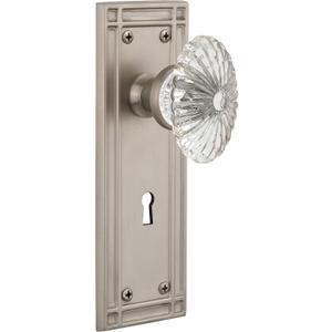 Nostalgic Warehouse Mission Plate with Keyhole Oval Fluted Crystal Glass Knob, Single Dummy, Satin Nickel