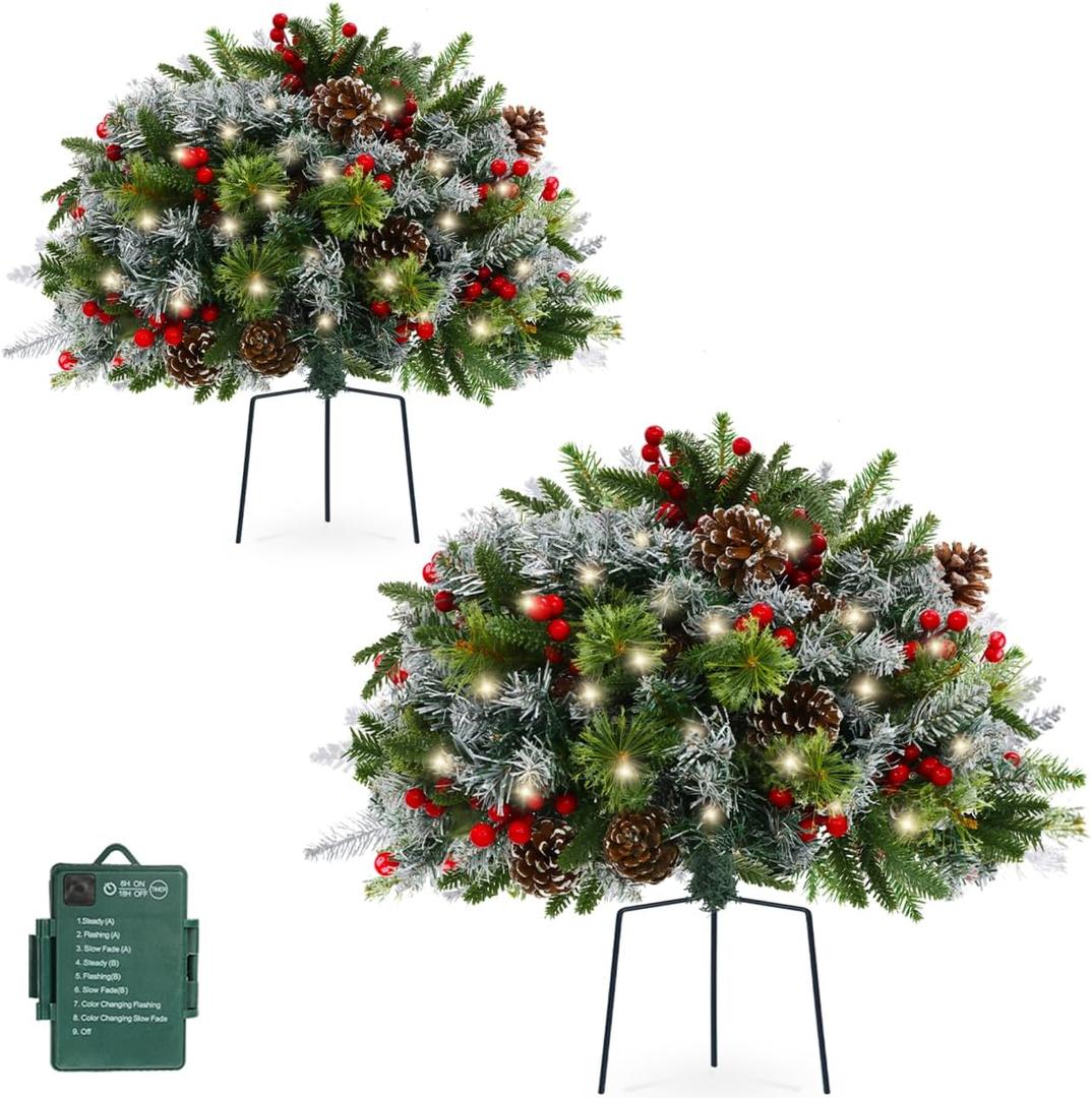 2 Packs 18in Frosted Outdoor Christmas Trees, Prelit Battery Operated Fake Xmas Tree Holiday Decor with 20 Red Berries, 10 Pine Cones, Tripod Stake, Multi-color & WW Waterproof String Lights