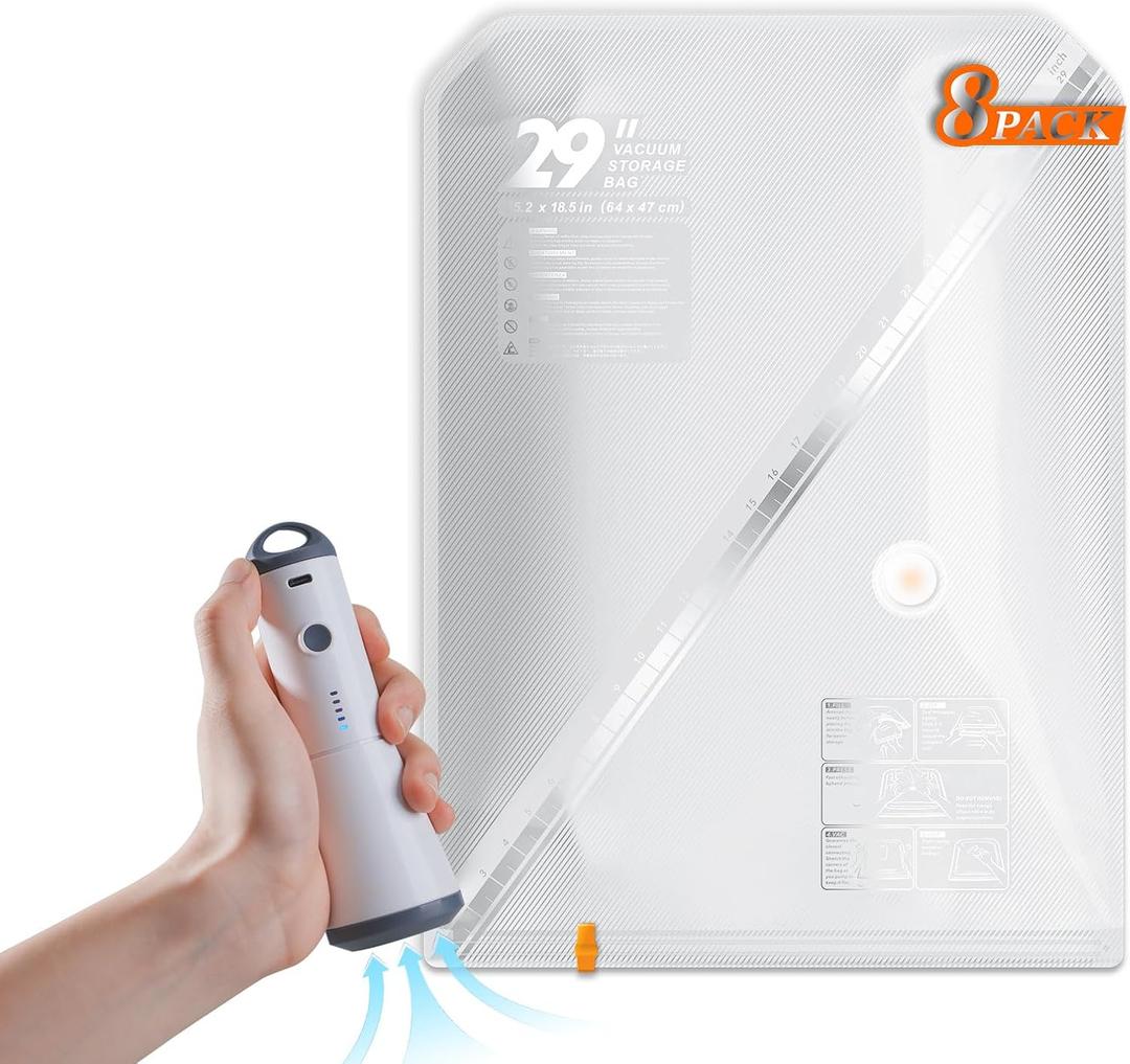 Vacuum Seal Bags for Clothing with Rechargeable Cordless Pump, 18 Pack Vacuum Storage Space Saver Bags, Compression Packing for Clothes Bedding Blanket Pillows Comforters (8 Pack 29")