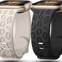 2Pack Leopard Engraved Bands Compatible with Apple Watch Band 41mm 40mm 38mm 49mm 46mm 45mm 44mm 42mm Women, Silicone Cheetah Sport Strap for iWatch Series SE 10 9 8 7 6 5 4 3 2 1,Ultra (Black, Starlight)