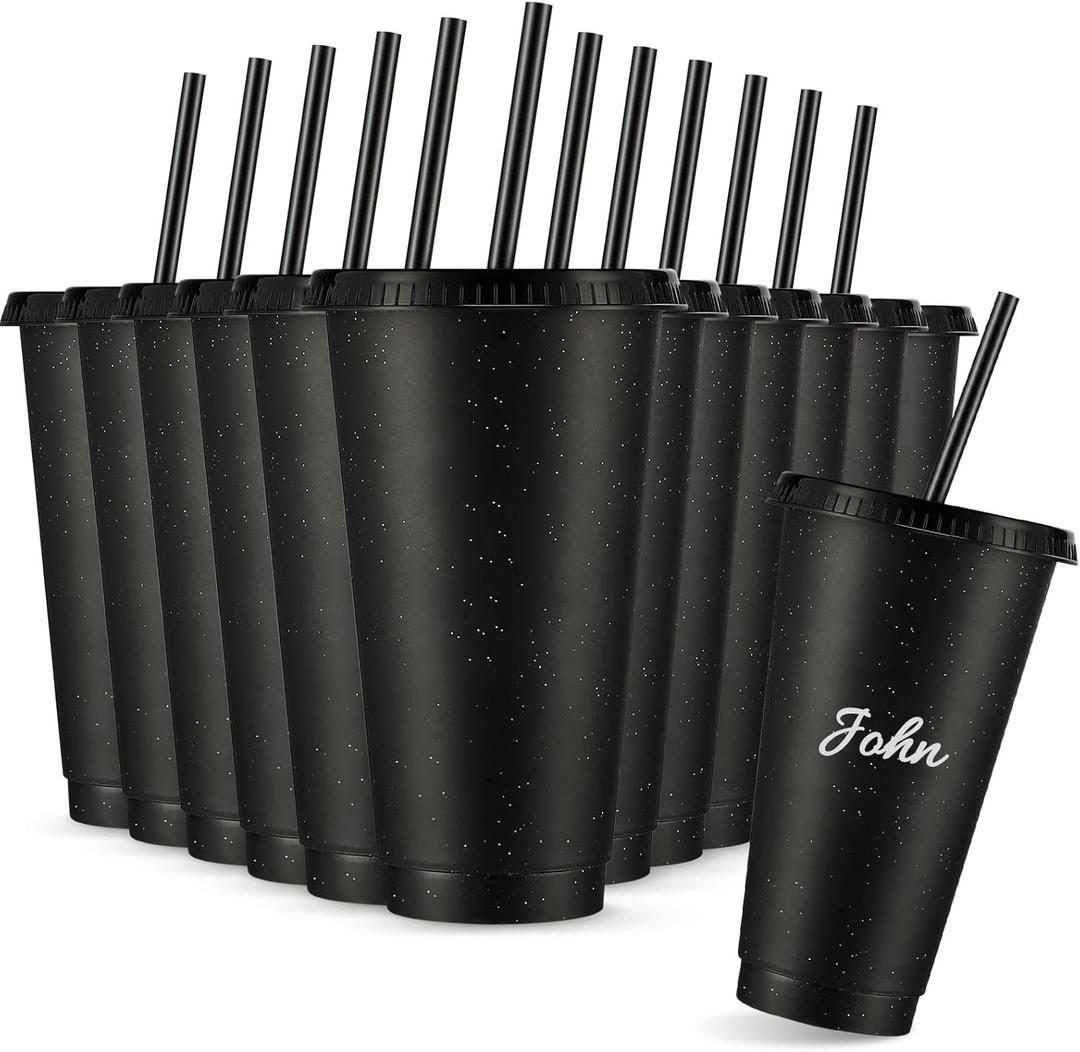 Amyhill 12 Pcs Reusable Glitter Cups with Lids and Straws 24 oz Plastic Tumbler Iced Coffee Cup Travel Mug Party Cups for Smoothie Juice Birthday Sleepover Party Supplies for Girls(Black)