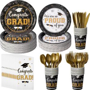 Graduation Party Supplies Congrats Grad Plates and Napkins Set Disposable Tableware Paper Plates Napkins Cup Knive Spoon Fork Straw for Class of 2026 Graduation Party Decorations Serve 100(Black Gold)