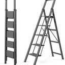 WOA WOA 5 Step Ladder, Ladders for Home, Anti-Slip Pedals, Aluminum Step Stool Foldable, Lightweight to Move, Ease of Storage, Reach 10ft for Closet Kitchen Library, Hold 300lbs - Black