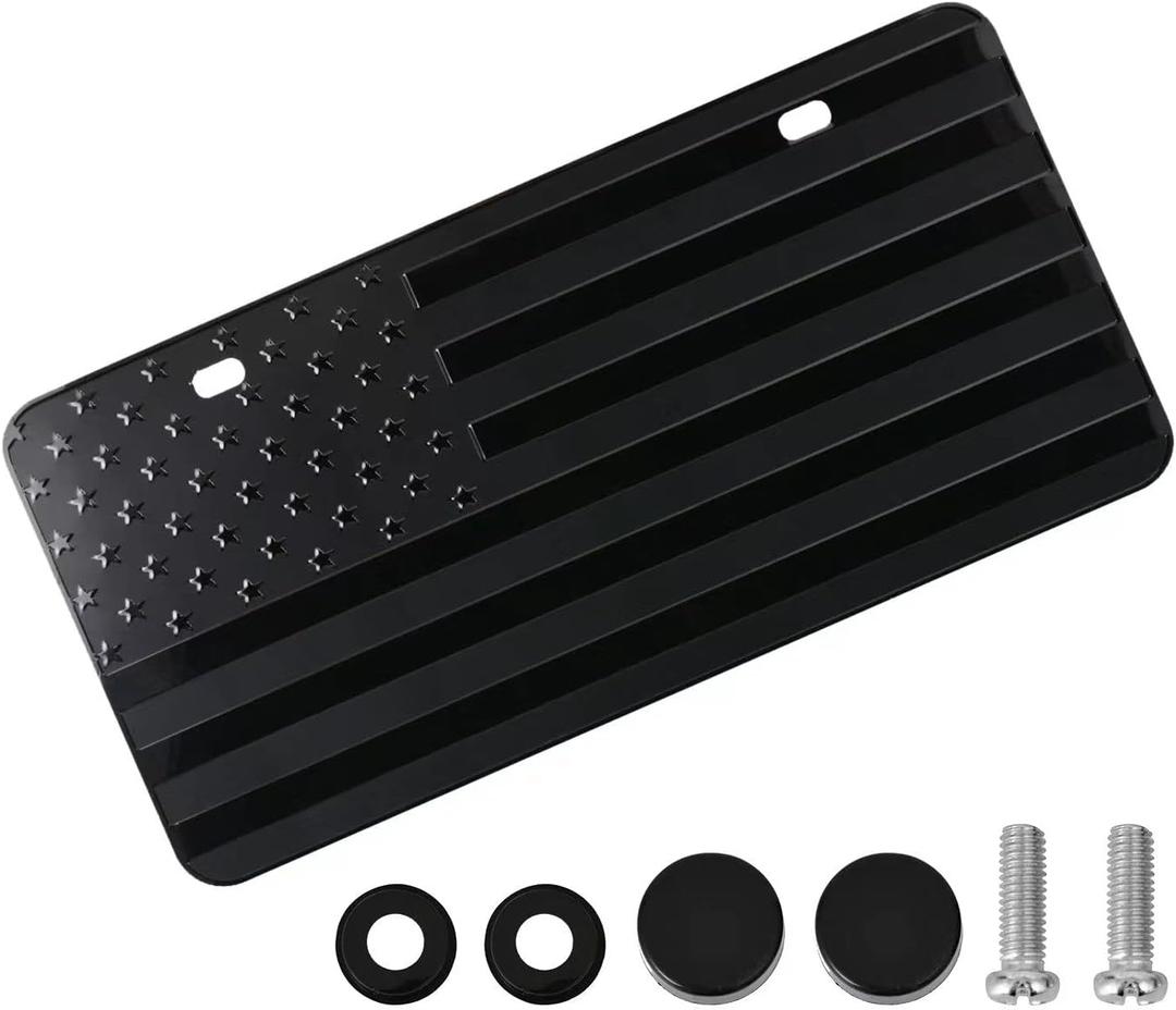 American Front Flag License Plate, Custom Novelty Vintage Aluminum Metal 3D Pfenk License Plate Tag Vanity Gift Patriotic Embossed License Plates 6 x 12 inch, Black