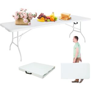 Portable 8Ft Folding Table, Heavy Duty Plastic Fold-in-Half Utility Foldable Dining Table, Multi-Purpose Plastic Folding Table with Carrying Handle for Camping and Party Indoor/Outdoor (White)