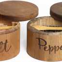 Acacia Wood Spice Box with Swivel Cover for Kitchen Countertop,Salt Keeper with Built-in Spoon,Modern Farmhouse Kitchen Decoror for Storing Seasonings (Labeled Salt & Pepper)