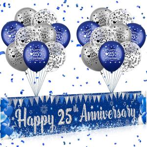 Blue Silver 25th Anniversary Decorations for Men Women, Blue Happy 25th Anniversary Banner and 18Pcs Balloons for 25 Years Silver Wedding Party Decoration Supplies