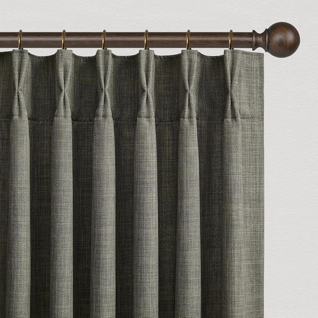 63 Inch Short Olive Green Linen Curtains 2 Panel Set for Small Windows,Pinch Pleated Ktichen Rustic Country Linen Light Filtering Drapes Privacy Back Tab Semi Sheer Curtains 63 Inches Length (Olivine)