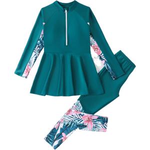 IDOPIP Muslim Swimsuit for Girls Kids Islamic Swimwear Full Cover Long Sleeve Burkini Top Pants Two Piece Modest Bathing Suit Sets Toddler Swim Dress Beachwear Rash Guard UPF 50+ Green 12-14 Years