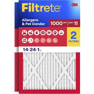 Filtrete 14x24x1 Air Filter, MERV 11, MPR 1000, Allergens & Pet Dander, 3-Month AC and Furnace Filters, Cleaner Air, Reliable Airflow, 2 HVAC Filters (Actual Size 13.68 x 23.68 x 0.81 in)