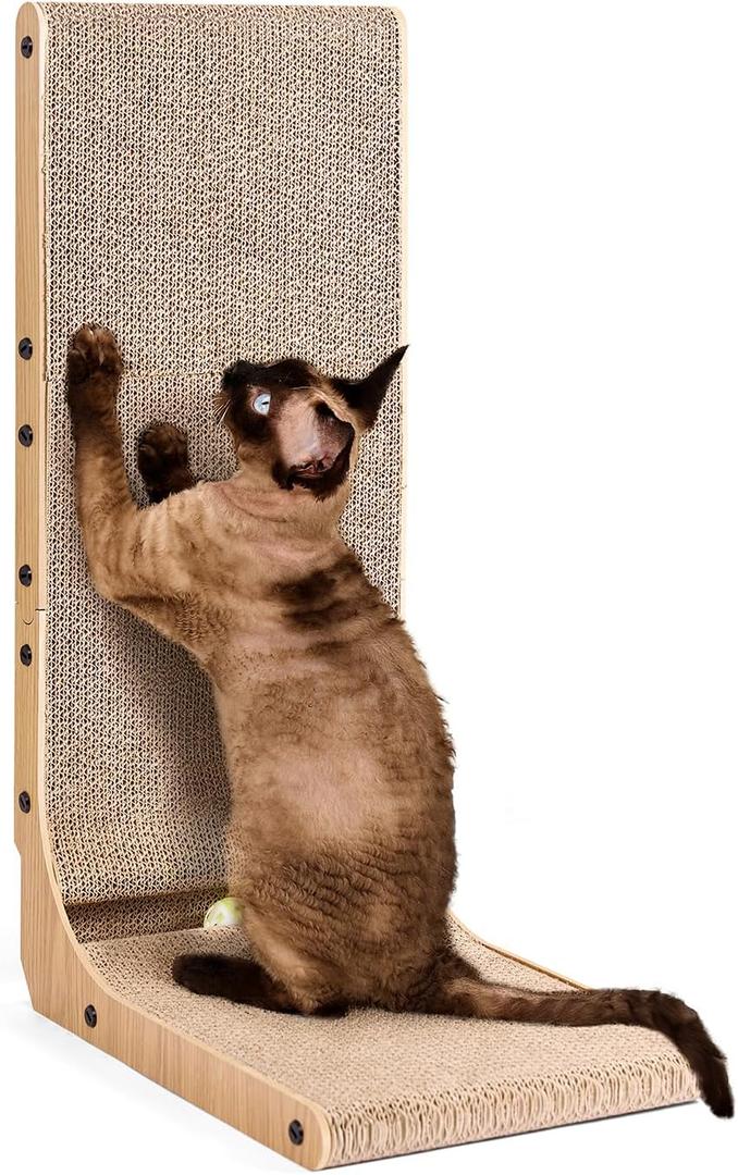 EHEYCIGA Cardboard Cat Scratcher for Indoor Cats, 26.8 Inch L Shaped Vertical Cat Scratching Board with Ball Cat Toy, Large Cat Scratcher Pad, Brown