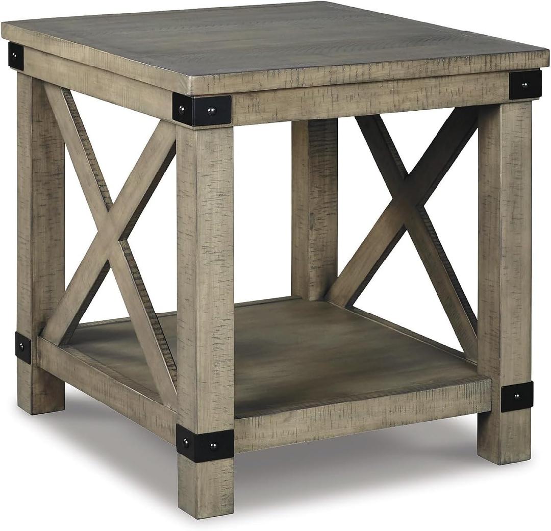 Signature Design by Ashley Aldwin Farmhouse Square End Table with Crossbuk Details, Light Brown