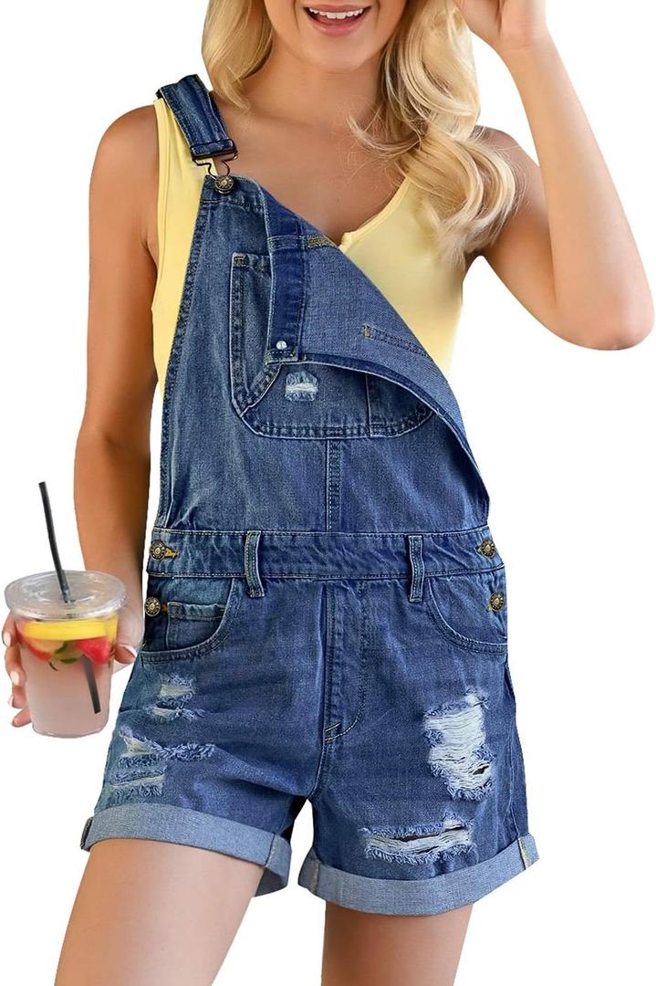 luvamia Women's Ripped Short Overalls Adjustable Denim Bib Overall Shorts Romper (X-Large, Fresh Bright Blue-folded Hem)