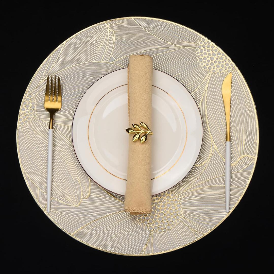 Evevda Gold Vinyl Placemats Set of 6 Flower Placemats Round 15 inch Dining Table Mats for Kitchen Tables Restaurants Dinners Weddings Gatherings