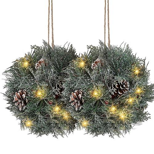 Sosation 2 Pcs 10 Inch Prelit Artificial Christmas Kissing Ball Decoration with Hanging Pine Cones, Frosted Branches and Berries for Home and Party Decor