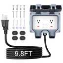 Outdoor Outlet Box with 9.8FT Cord - IP66 Waterproof Electrical Socket, Lockable Cover w/Switch & LED, NEMA 5-15R Dual Plug - for Garden, Yard, Pool, RV, Sports Field (9.8FT)