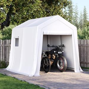 Aoxun 6x8x7 FT Outdoor Portable Storage Shed Tent with Roll-up Zipper Door and Window Portable Carport with Waterproof Tarp Galvanized Steel for Motorcycle, Generator, Bike Storage (White)