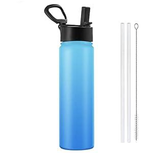 OSAGIE Insulated Stainless Steel Water Bottle, Double-walled Cold/ Hot Water Bottle with Brush & Straw Lid for Sports, Travel, Hiking, Biking (Blue, 24 Ounces)