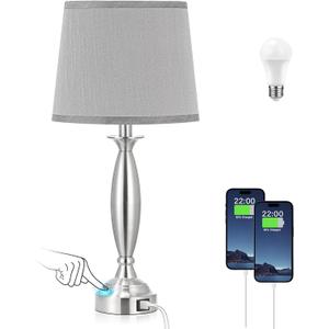 Seealle Lamps for Bedrooms - Touch Control Bedside Lamp with USB C+A, 3 Way Dimmable Nightstand Lamps with USB Port, Brushed Nickel Table Lamp for Living Room Guest Room Bed Side End Table(Single)