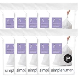 simplehuman Code P 200 Count, Dispenser Pack Custom Fit Liners, Drawstring Trash Bags, 50-60 Liter / 13-16 Gallon, White
