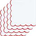 PurpleEssences Scalloped Embroidery Cloth Napkins Table Decor Spring Summer Easter 100% Cotton Set of 4-18 x 18 inch - White - Edges - Red