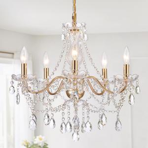 AMZASA Crystal Gold Chandelier, Glass Crystal Hanging Pendant Lighting, 5 Light French Country Gold Crystals Chandelier for Ceiling Medallions,Wedding,Dining,Kitchen, Foyer,Dia 20'' Golden