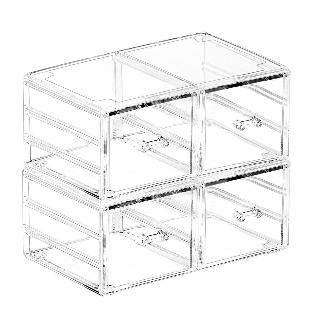 Pack of 2 Acrylic Countertop Stackable Drawers Bathroom Cabinet Organizer Clear Organizing Bins For Cosmetics Organizer Jewelry Hair Accessories Nail Polish Make Up Marker Pen (4 High Drawers)