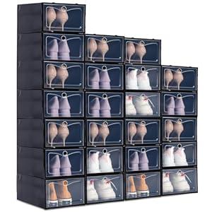 24 Pack Shoe Boxes for Closet Fit Size 9, Stackable Shoe Storage Organizers with Lids Foldable White Plastic Sneaker Containers Display Space Saving, 9.1 x 13 x 5.5 Inches
